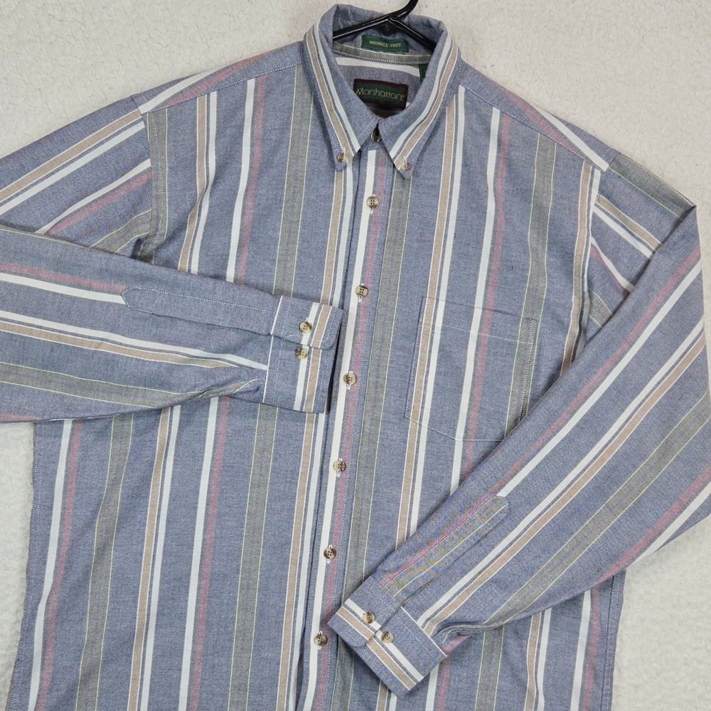 Vintage 90s Manhattan Mens Button Down Shirt XL Blue Striped Long Sleeve XL